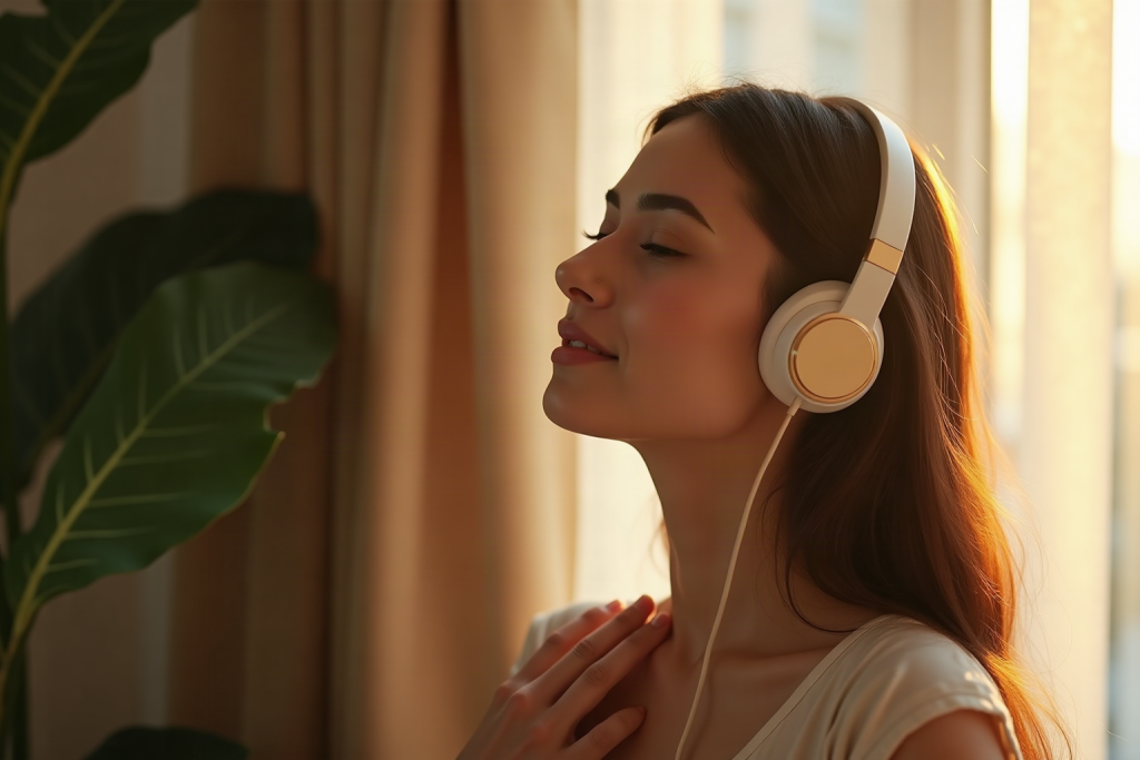 Serene woman with eyes closed wearing headphones, enjoying calming ASMR audio in warm golden light