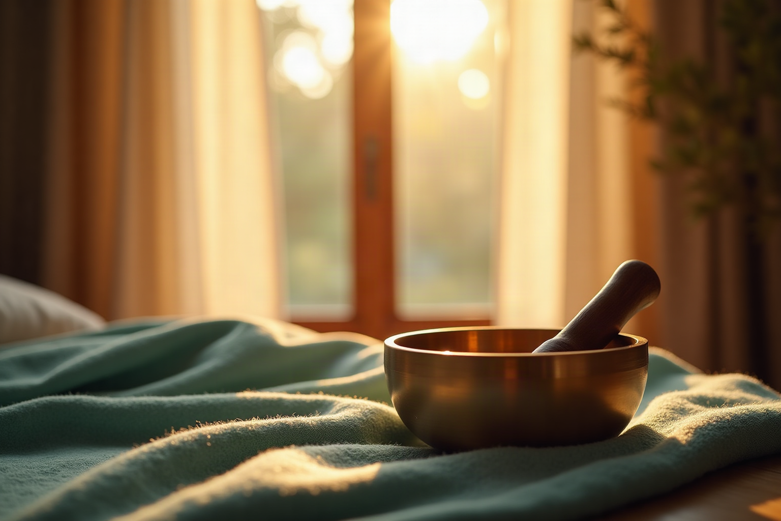 A singing bowl in soft golden window light, evoking the calming sensory textures of ASMR