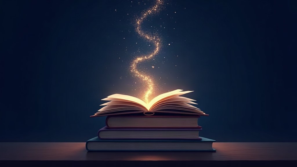 Illustration of a stack of books with a spiral of golden light rising