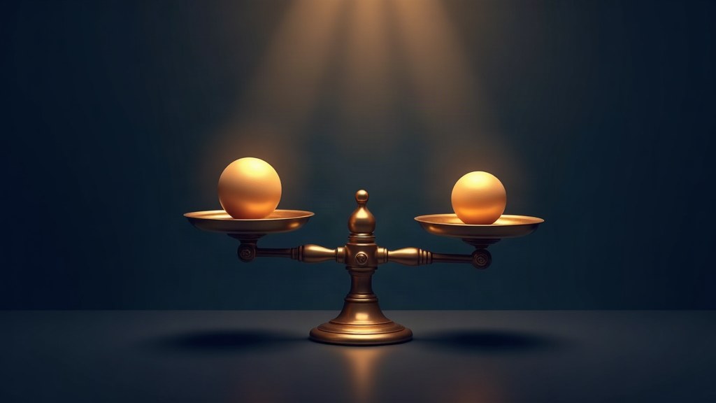 Illustration of a balanced scale holding glowing golden orbs