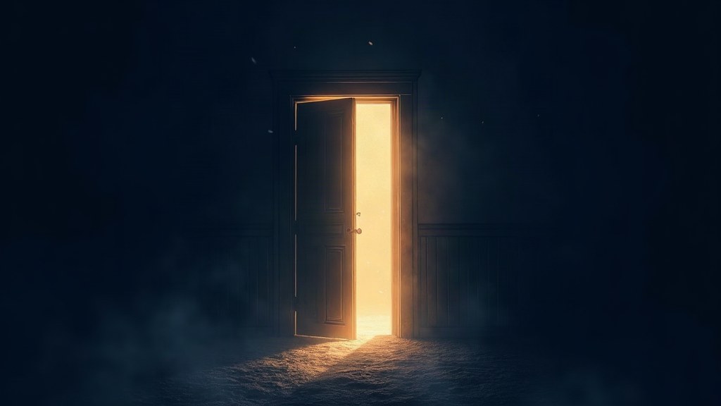 Illustration of golden light streaming through an open ornate door