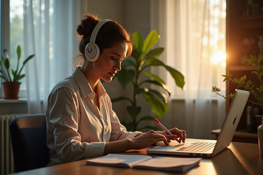 Professional beginning a calm deep work session in a warm home study