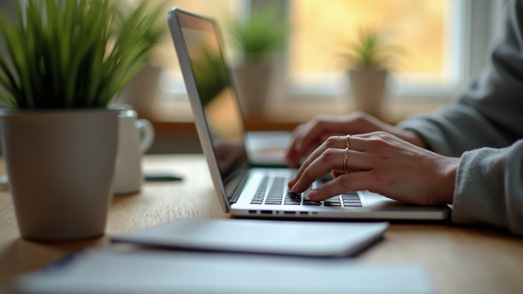 Hands typing the first sentence on a laptop in a calm morning workspace