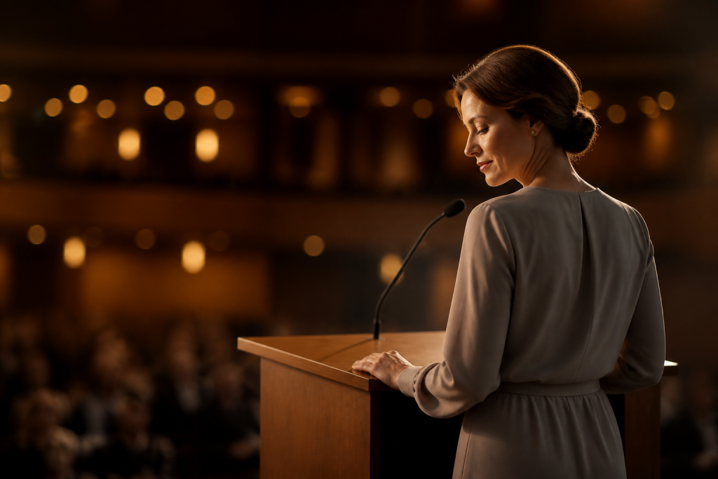 Speaker standing calmly at a podium under warm stage light in a softly blurred auditorium