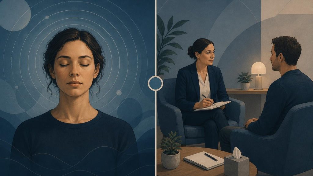 Split illustration: left, a person in calm, absorbed focused attention with concentric ripples; right, a clinical hypnotherapy consultation with practitioner and client