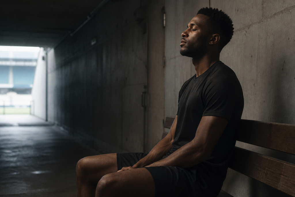 Athlete sitting alone on a bench in a quiet stadium tunnel, eyes closed, breathing calmly — hypnosis for athletes