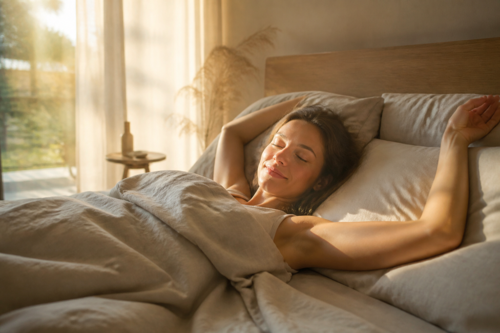 Woman waking calmly in bed in soft golden morning light — hypnosis for morning anxiety
